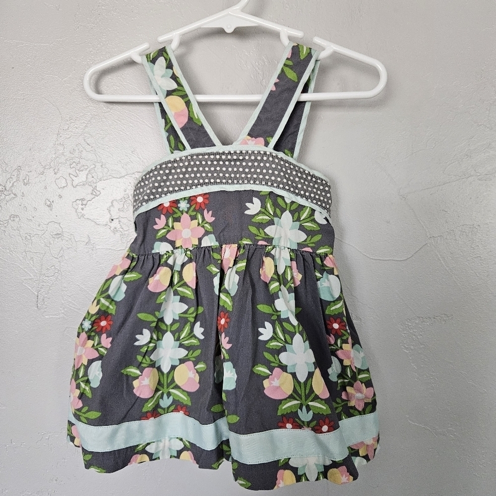 Matilda Jane Toddler Girl 2 Grey Floral Apron Dress Mixed Media Smocked Pink Dot